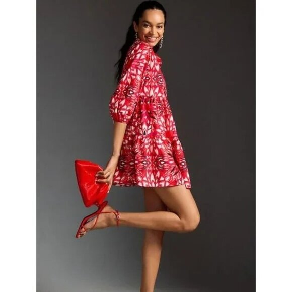 Anthropologie Maeve Bettina Tiered Mini Shirt Dress Red Motif Size XS - Picture 1 of 6